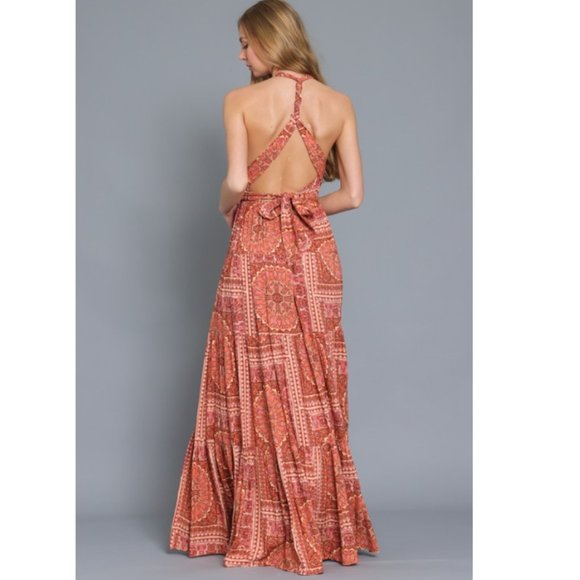 Aakaa Brick Twist Tie Back Tiered Bohemian Maxi Dress DA28082Y - Picture 9 of 12